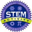 Circle badge with words science, technology, engineering, math. STEM activity CuriOdyssey.