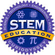 Circle badge with words science, technology, engineering, math. STEM education CuriOdyssey.