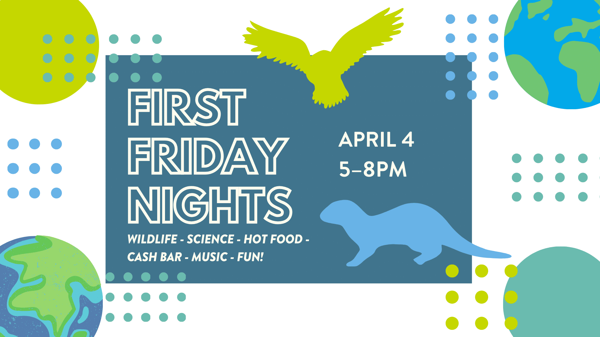 First Friday Night promotional image with silhouette of a bird and otter with decorative circles.