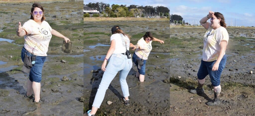 Three photos of Emma in the Marsh. The first one shows Emma standing ankle deep in mud with pants rolled up, holding a piece of litter and giving a big thumbs up. In the second picture, another person is helping Emma get out of the mud, which is now calf-deep. The third photo shows Emma wiping their forehead in relief, now on solid ground but with mud covering their feet and lower legs. 