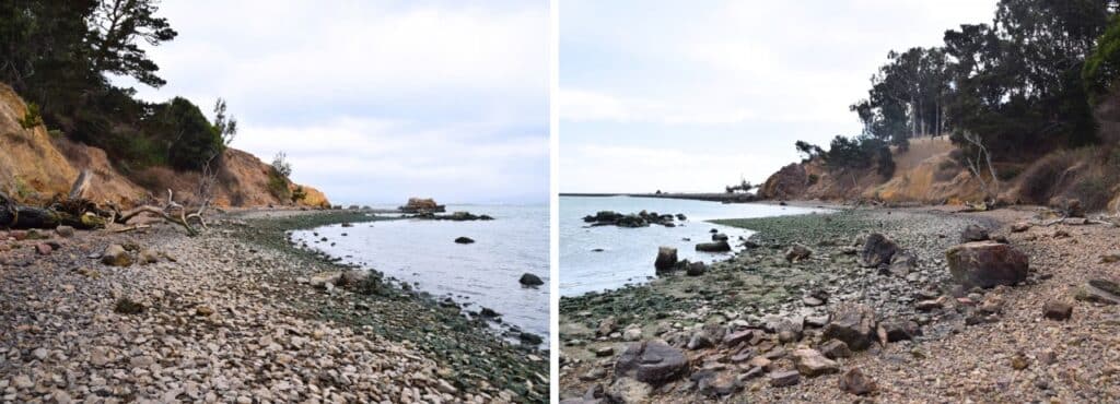 Two photos of the Rocky Beach, looking to the left and the right from the middle of the beach. The ground is covered in stones, some of which are coated in green algae or seaweed. Orange sandy cliffs rise above the beach, and trees grow from the tops of the cliffs.