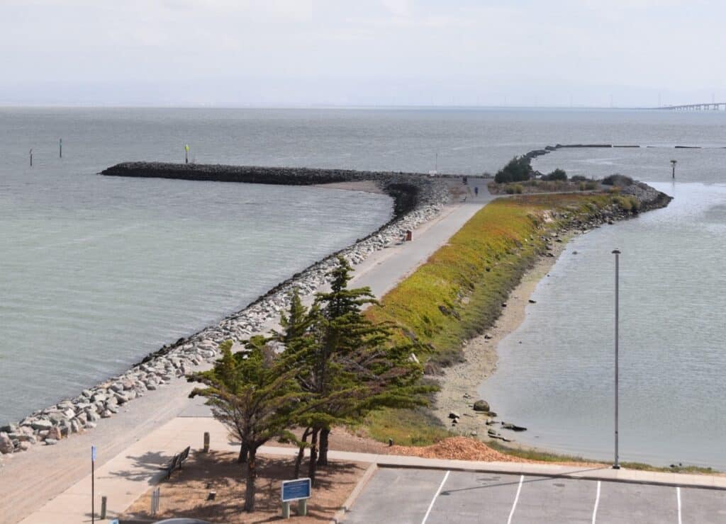 A photo of the jetty from above. The Jetty is a strip of land that sticks out into the Bay, with a paved path going down the middle. The right side of the path is green and descends down to a muddy bank. The left side is made of large boulders. The jetty bends to the left after the trail ends in a loop. The part after the bend is made entirely out of boulders, and also has a small beach just after the bend. There is a parking lot in the foreground on the right. 