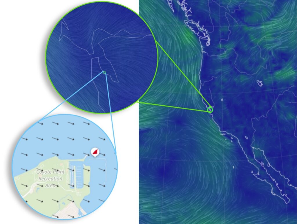 A map of the west coast of the US, all in blue, with thin green lines showing windflow across the coast. An inset shows the wind lines around the San Francisco Bay. Another inset points to the location of Coyote Point and shows a map of the park, with black arrows showing wind traveling from the northwest to the southeast. 