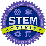 Circle badge with words science, technology, engineering, math. STEM activity CuriOdyssey.