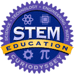 Circle badge with words science, technology, engineering, math. STEM education CuriOdyssey.